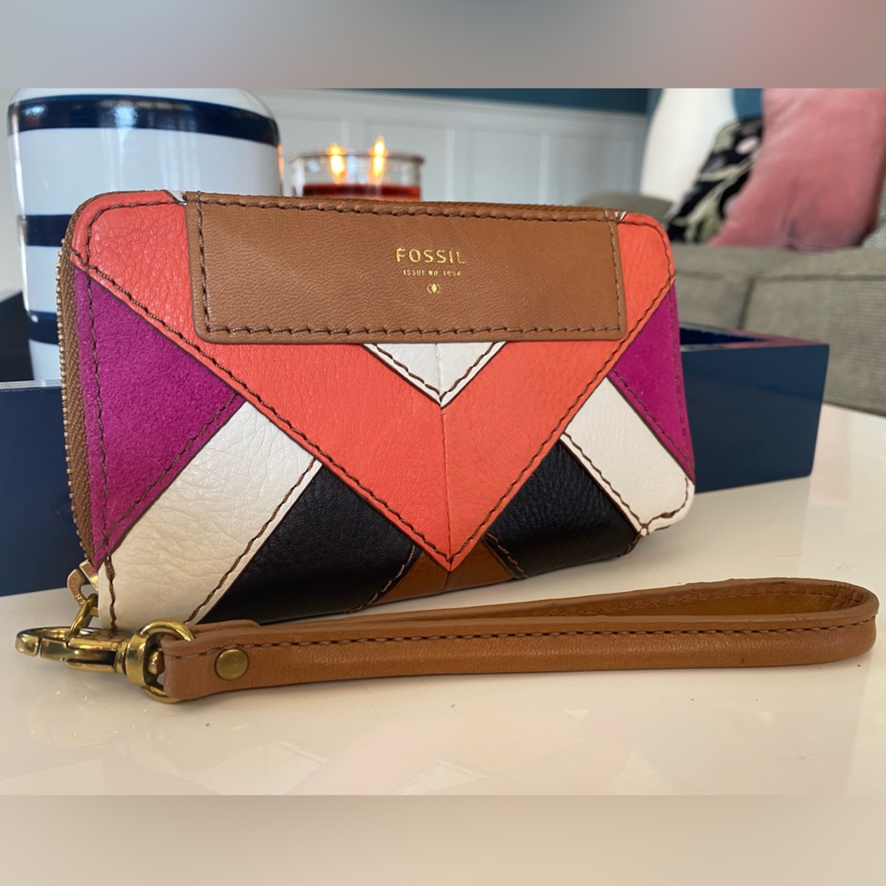 Fossil Wallet Wristlet Amanda Patchwork Leather Pink Multi NWT